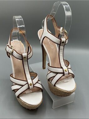Aldo White Espadrille Wedge Sandals w/Brown Trim, stiletto heel, size 36 EU